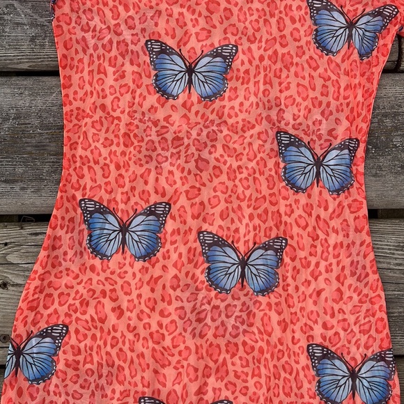 Orange and Blue Butterfly Sheer Mini Dress - Picture 2 of 6